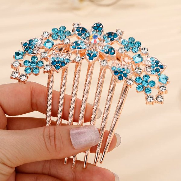 Missgrace Boho Shiny Flower Floral Hair Combs Blue Pink Purple Bridal Wedding Hair Crystal Rhinestones Women Hair Side Combs Hair Accessories for Women (Blue)