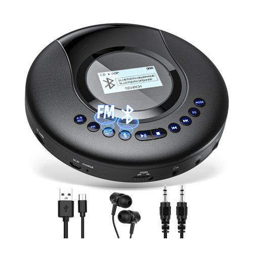 CD Player Portable ARAFUNA, Portable CD Player Bluetooth with FM Radio, 2000mAh Rechargeable CD Player for Car with LCD Screen, Anti Shock Protection Walkman CD Player with Headphone, AUX Cable