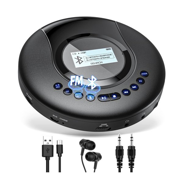 CD Player Portable ARAFUNA, Portable CD Player Bluetooth with FM Radio, 2000mAh Rechargeable CD Player for Car with LCD Screen, Anti Shock Protection Walkman CD Player with Headphone, AUX Cable