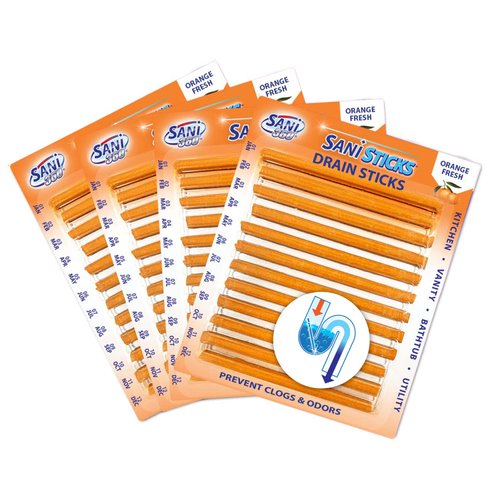 SANI 360° Sani Sticks Drain Cleaner and Deodorizer, Enzyme Pipe Cleaners, Eliminate Odors, Prevent Clogged Drains, Safe for Sinks, Bathtub Drains, Septic Tanks, 48 Count, Orange Scent
