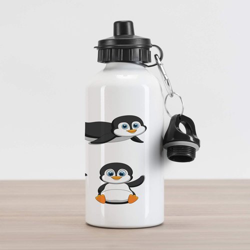 Ambesonne Cartoon Aluminum Water Bottle, Penguin Cartoon Waving Standing Sliding Smiling Animal Humor Antarctica, Insulated Spill-Proof Travel Sports Water Bottle, 16.9 OZ, Orange Black