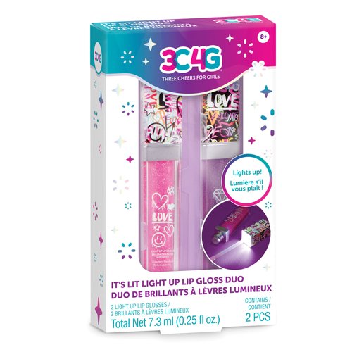 3C4G THREE CHEERS FOR GIRLS It's Lit Light Up Lip Gloss Duo - Glitter Lip Gloss for Kids with Up Lid & Wand - 2 Pack Kids Lip Gloss Set - Strawberry Flavored Lip Gloss for Girls 8-10-12-14