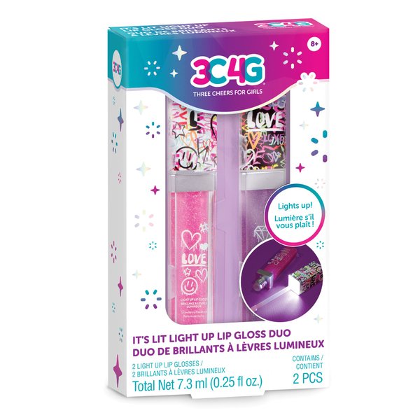 3C4G THREE CHEERS FOR GIRLS It's Lit Light Up Lip Gloss Duo - Glitter Lip Gloss for Kids with Up Lid & Wand - 2 Pack Kids Lip Gloss Set - Strawberry Flavored Lip Gloss for Girls 8-10-12-14