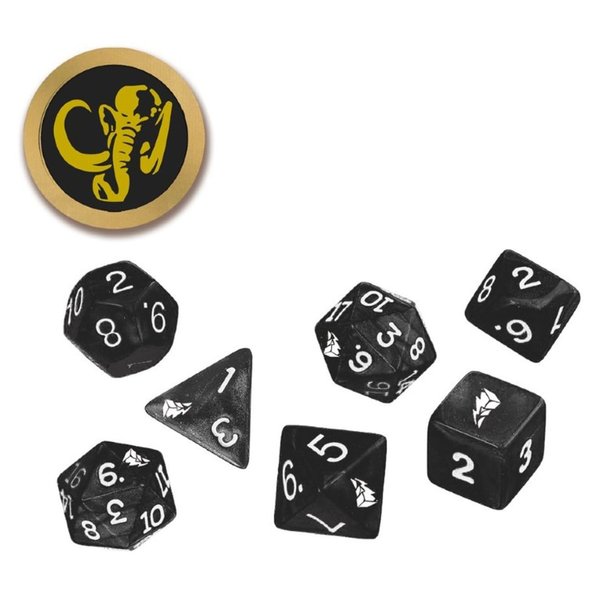 Renegade Game Studios Power Rangers Roleplaying Game Dice- Black 8-Piece Dice Set, Custom Dice, Power Coin