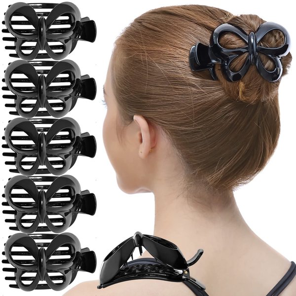 RC ROCHE ORNAMENT 6 Pcs Womens Hair Butterfly Cute Design Grip Side Slide Wide Teeth Strong Hold Durable Stylish Girls Fashion Accessory Premium Claw Clamp Jaw Clip, Medium Black