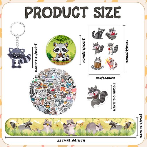 98 PCS Raccoon Party Favors, Raccoon Temporary Tattoos Slap Bracelets Keychains Stickers Badges for Woodland Raccoon Birthday Party Decorations Supplies Gifts for Kids Boys Girls Classroom Rewards
