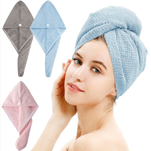 BellaCasa Essentials Microfiber Hair Towel, 3 Pack Anti-Frizz Hair Turbans, Ultra Absorbent Quick Drying for Wet Hair, Protect Curly Hair, Low Friction, Women Drying Hair Shower Wrap (Blue,Grey,Pink)