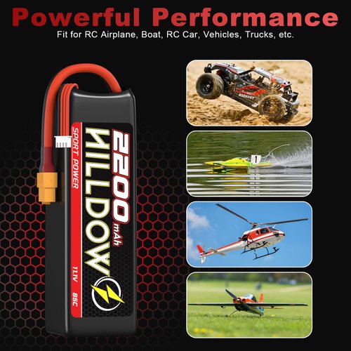 Hilldow 11.1V Lipo RC Battery 3S 85C 2200mAh Lipos Batteries Rechargeable Soft Case with XT60 Connector for RC Airplane Helicopter Drone FPV RC Car RC Boat(