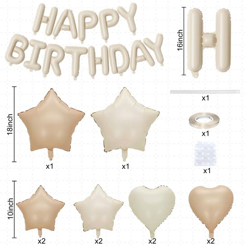 Happy Birthday Balloon Banner Cream, 16 Inch Beige Mylar Foil Letter Balloons, Boho Neutral Birthday Decorations with 10 Pcs Ivory Caramel Brown Foil Balloon, Inflatable Party Supplies for Women Girl