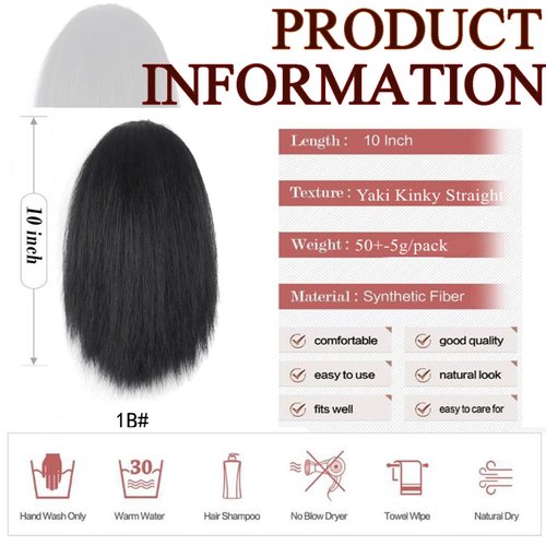 Short Kinky Straight Ponytail 10inch Hair Extensions Ponytail Natural Puffing Warp Around Afro Clip in Ponytail Extensions for Women girls (#1B)