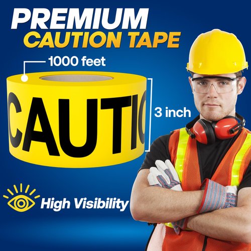 Premium Yellow Caution Tape 3 inch x 1000 feet, Bright Yellow w/Bold Black Text, 3" Wide for Maximum Readability, Strongest & Thickest Tape for Danger/Hazardous Areas