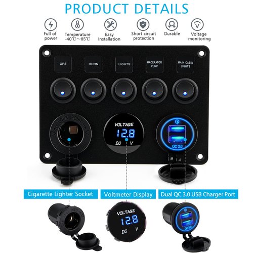 Kohree 5 Gang Rocker Switch Panel 12V Waterproof Toggle Switch Panel Led Aluminum Digital Voltmeter Display QC 3.0 Dual USB Charger Port DC 12/24 Volt Socket for RV Boat Car Vehicles Truck Marine