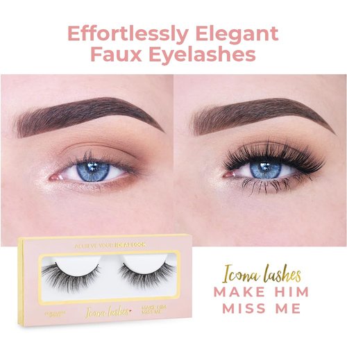 Icona Lashes False Eyelashes Pack - Fake Eyelashes Extensions - Soft, Fluffy Falsies with Tapered Ends & Professional-Grade Band - Handmade, Vegan, Reusable - Natural Black - Make Him Miss Me