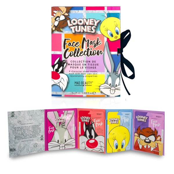 MAD Beauty Looney Tunes Character Sheet Face Mask Booklet (4-Pack) | Bugs Bunny, Sylvester, Tweety, Taz | Strawberry, Passionfruit, Honey | Skincare Gifts for Women and Adults
