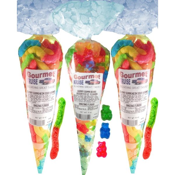Gummy Worms (2) Neon Sour Worms (1) Assorted 12 Flavor Gummi Bears (NET WT 31 OZ) Gourmet Kruise Signature Gift Bags