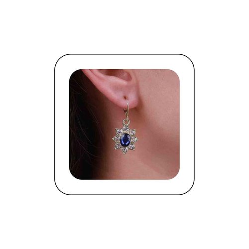 Sttiafay Vintage Crystal Flower Earrings Sapphire Drop Earrings Blue Oval Gem Earrings Gold Rhinestone Huggie Hoop Earrings Jewelry for Women and Girls
