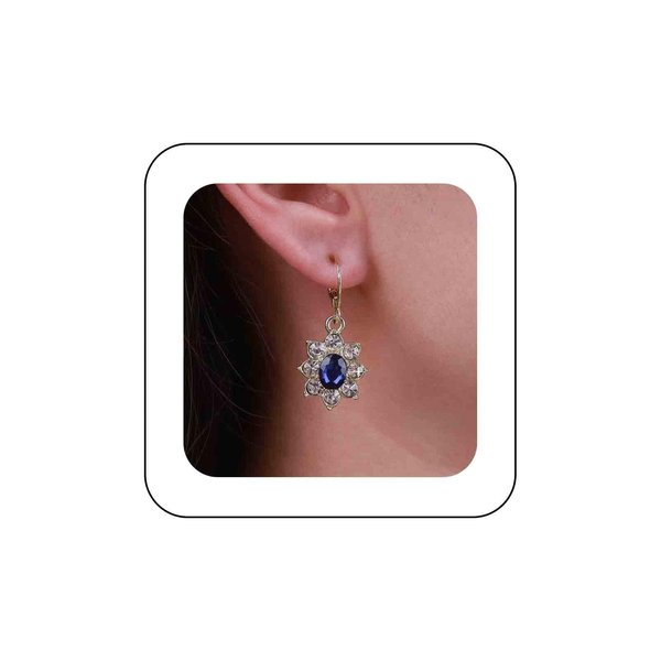 Sttiafay Vintage Crystal Flower Earrings Sapphire Drop Earrings Blue Oval Gem Earrings Gold Rhinestone Huggie Hoop Earrings Jewelry for Women and Girls