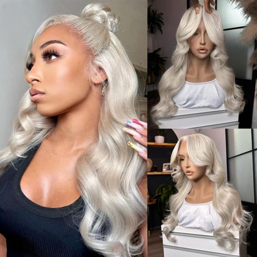 Mscathy Platinum Blonde Lace Front Wigs Human Hair #60 Body Wave 13X4 Human Hair Wig HD Lace Front Breathable Hair Pre Plucked HD Transparent 180% Density for Women (24 INCH, Platinum Blonde)