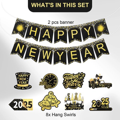 New Years Eve Party Supplies 2025 Black Gold Happy New Year Banner and Spiral pendant for New Year Party Decorations