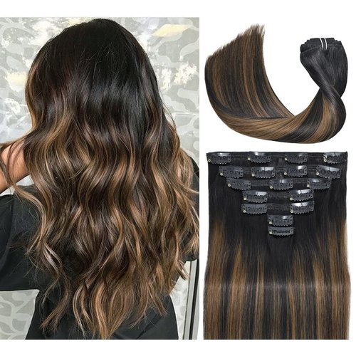 Ukira Hair Extensions Real Human Hair Clip ins, Balayage Hair Extensions 14 Inch 120g Natural Black to Chestnut Brown Seamless Clip in Hair Extensions Natural Straight Remy Human Hair Extensions