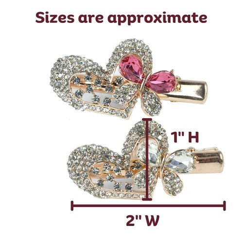 Exquisite Jeweled Heart & Butterfly Hair Clips: Pink & Clear Rhinestone Crystals, Gold Metal Clasp - Set of 2 - Elegant Hair Accessories for Special Occasions - 2" W X 1" H"