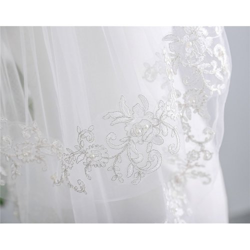 Kercisbeauty Wedding Bridal Lace Double layer Appliques Edge Veil Drop with Hair Comb Flower Lace and Pearl Chapel Hair Accessories (Ivory)