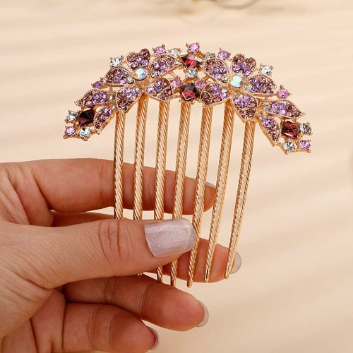 Jumwrit Crystal Bride Wedding Hair Comb Leaf Colorful Rhinestone Flower Hair Side Comb Gold Hair Clip Comb Big Floral Vintage Bridesmaid Headpiece Bridal Hair Jewelry for Women Girls(Purple)