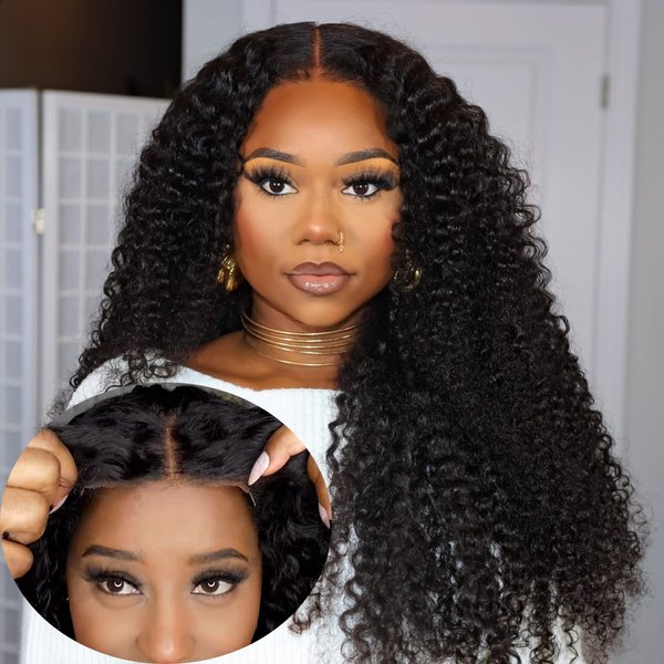 BLY Curly Glueless Wear and Go Pre Cut Lace Front Wigs Human Hair Pre Plucked Ready to Wear Wig for Women Afro Kinky Curly Black Color Hair Wig with Elastic Band 18 Inch
