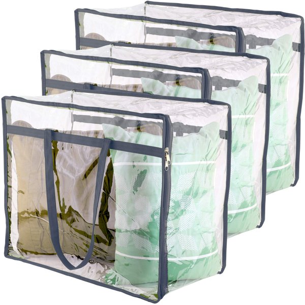 Clear Vinyl Zippered Storage Bags (3-Pack) Sturdy Storage Bags for Sweaters, Blankets, Comforters, Bedding Sets and Much More! (Gray, 18x15x9)