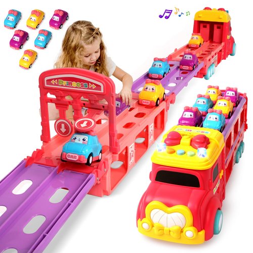 ITEFDTUTNE Carrier Truck Car Track Set for Toddlers Toys, 4 FT Race Track and 6 Die-Cast Toy Cars, Truck Toy with Lights & Sounds Xmas Gifts for 3 4 5 6 7 8 Years Old Kids Boys Girls (Pink)