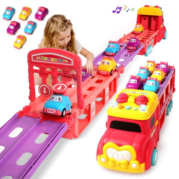 ITEFDTUTNE Carrier Truck Car Track Set for Toddlers Toys, 4 FT Race Track and 6 Die-Cast Toy Cars, Truck Toy with Lights & Sounds Xmas Gifts for 3 4 5 6 7 8 Years Old Kids Boys Girls (Pink)