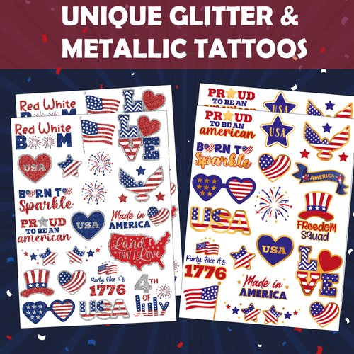 Fourth of July Party Supplies Temporary Tattoos 80pcs Patriotic Glitter and Mettalic Styles USA Independence Day Red Blue America, July 4th Party Favors, USA Flag Decor for Kids Adults