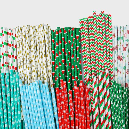 Weemium Christmas Paper Straws - Pack of 200 in 10 Designs - Biodegradable Christmas Straws for Drinking, Party & Crafts