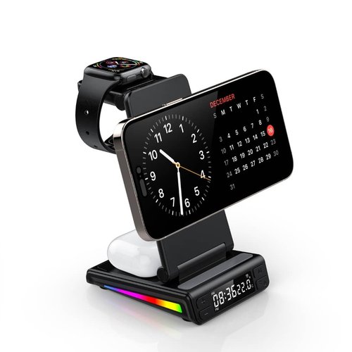 Wireless Desk Charging Stand for Smart Watch, Smart Phones and Earphones with Dual LED Display, Digital Clock and Temperature Monitor, Black Folding Charger