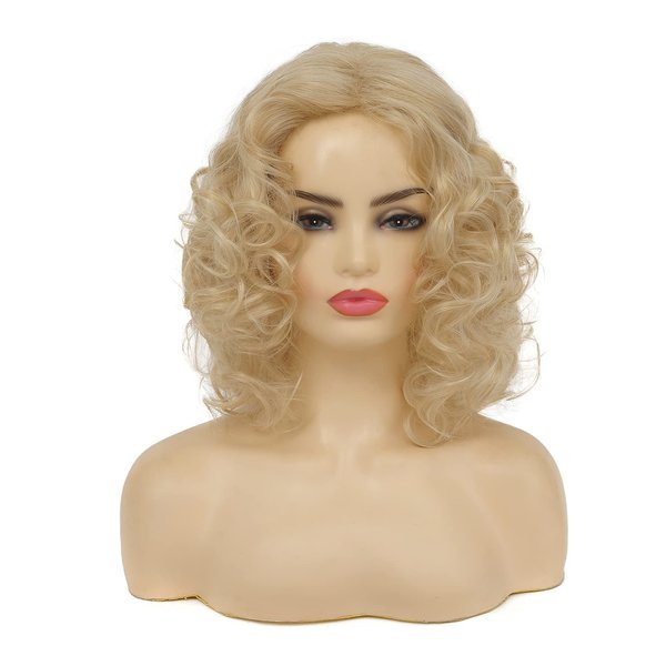 Tseses Blonde Curly Wigs for Women Shoulder Length Wig Natural Shaggy Synthetic Hair Heat Resistant Cosplay 80s Costume Wig with Wig Cap