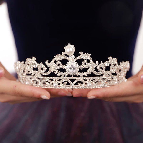 JWICOS Tiaras and Crowns for Women, Pearl Wedding Tiara for Bride, Baroque Queen Crown, Rhinestone Hair Accessories for Birthday Quinceanera Pageant Prom