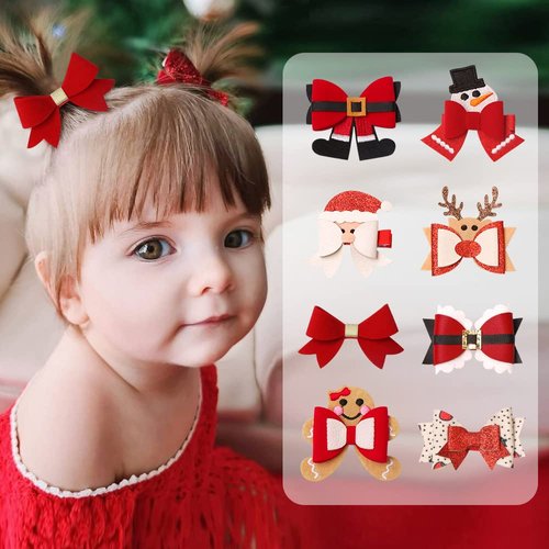 HIPIHOM 8Pcs Christmas Hair Clip Santa Gingerbread Reindeer Hair Barrettes Gift Wrap Bows Cute Christmas Hair Accessories