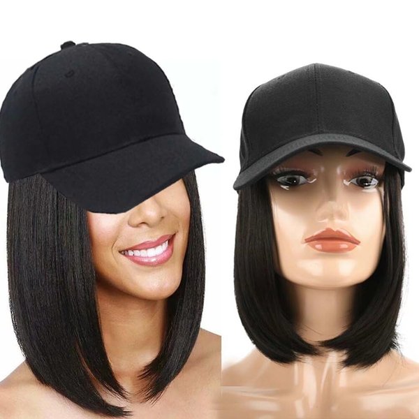 iLUU Short BOB Wig Cap Blended Synthetic Hair Extensions With Baseball Cap 9inch Bobo Hat with Hairpiece Cap and Hair Extensions For Women Gilrs - Natural Black Hair and Black Hat for Daily Use