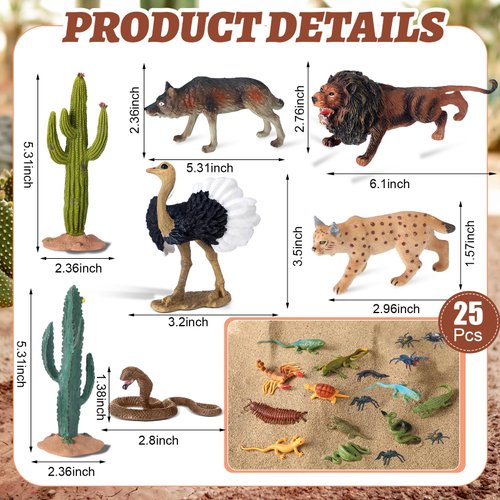 Jexine 25 Pack Desert Animals Figurines Set Model Trees Kit Desert Diorama Supplies Animals Figures with Tree and Cactuses Figurines Resin Insects for Kids Birthday Party Favors School Projects
