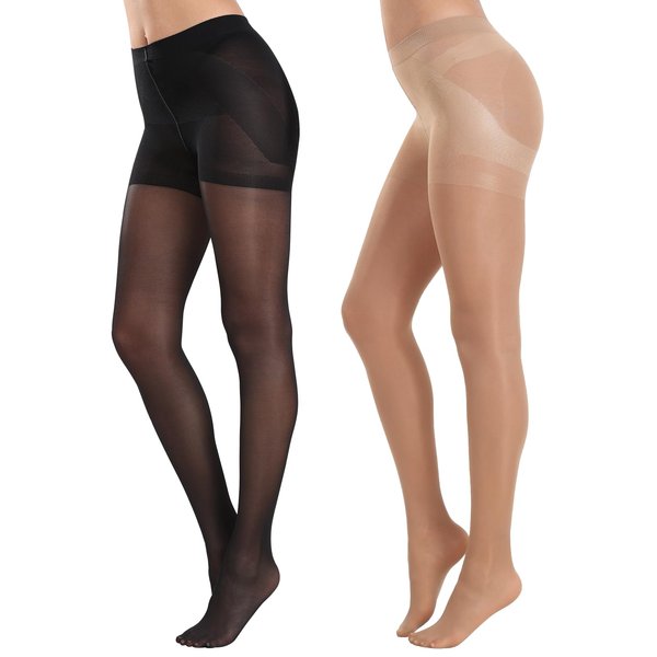 MANZI 2 Pairs Women's Sheer Tights 40D High Waist Control Top Pantyhose Thigh High Stockings Black Natural Nude Medium