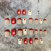 Christmas Short Square Fake Acrylic Nails with Red French Tip, Snowflake Designs, and Winter Xmas Nail Art for Women and Girls