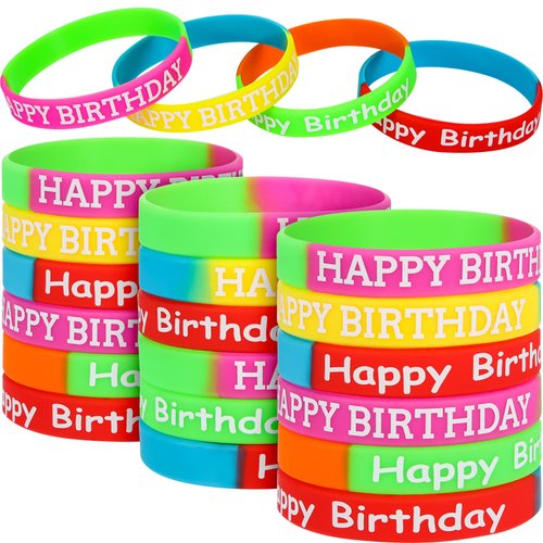 JOVITEC 48 Pieces Rubber Bracelets for Happy Birthday Gift Colored Silicone Bracelets for Teenagers Birthday Party Favors for Happy Birthday Party Supplies (48 Pieces, Style Set 1)
