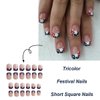 4th of July Press on Nails Blue Red French Tip Fake Nails Polka Dots White Star Full Cover Tip Glue on Nails Patriotic Independence Day Nail Design Short Square False Nails for Women Acrylic Nails