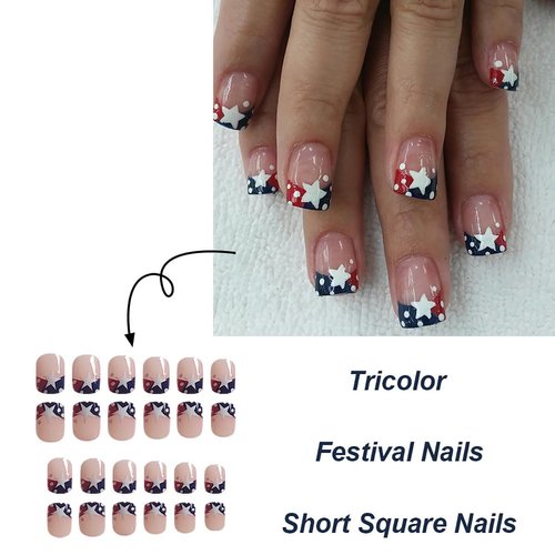 4th of July Press on Nails Blue Red French Tip Fake Nails Polka Dots White Star Full Cover Tip Glue on Nails Patriotic Independence Day Nail Design Short Square False Nails for Women Acrylic Nails