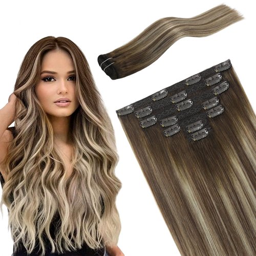 FUBILI Hair Extensions Clip in Human Hair 16inch Clip in Hair Extensions Balayage Walnut Brown to Ash Brown Mix Light Blonde Ombre Clip in Extensions Double Weft Real Human Remy Hair 120g 7pc