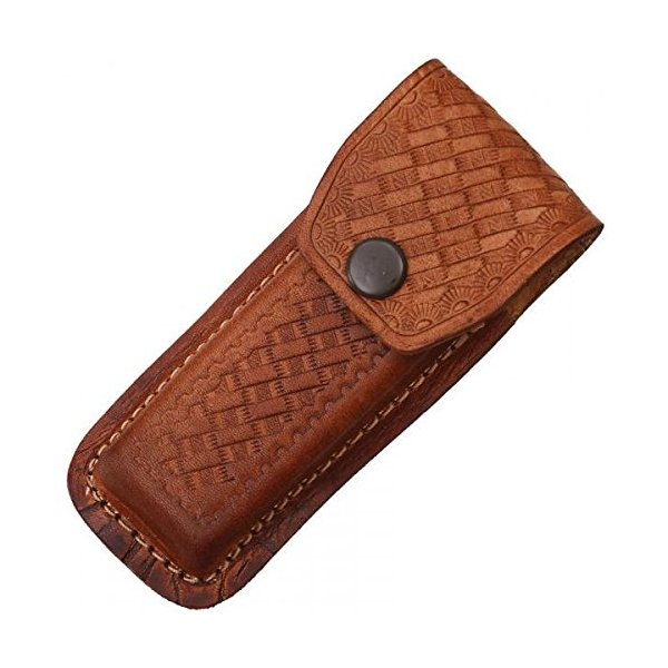 DAMASK HUT Sheath Folding Knife Sheath, Brown leather w/embossed basketweave, 4.5-5.25i...