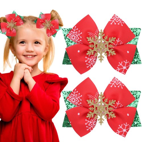 Hair Bows Snowflake Sequins Bow Hair Clips Glitter Hairpin Red Green Christmas Tree Ribbon Hand Print Hair Clips Toddler Girls Kids Bow Claw Clips for Thick Thin Hair Decor Xmas Party 2PCS