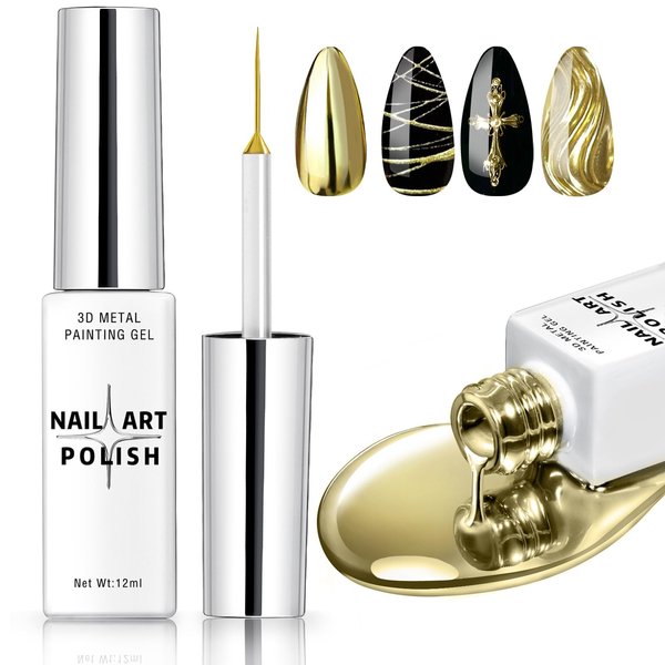 HOSAILY 12ml Metallic Painting Nail Gel, Mirror Gold Gel Liner Nail Art Soak off UV/LED, Upgrade Painted Glossy Gel Mirror Nail Polish for Salon Home DIY Nail Manicure Painting Decoration