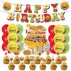 Fast Food Birthday Party Decoration Pizza Party Supplies Include Hamburger HAPPY BIRTHDAY Banner Coke Balloons French Fries Cake Topper Coffee Cupcake Toppers Fast Food Party Decoration
