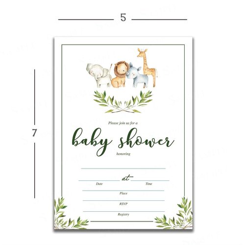Set of 25 Safari animals baby shower invitations with envelopes. Boy or girl watercolor baby shower party invites featuring greenery, rhino, giraffe, elephant and lion. Simple and elegant theme